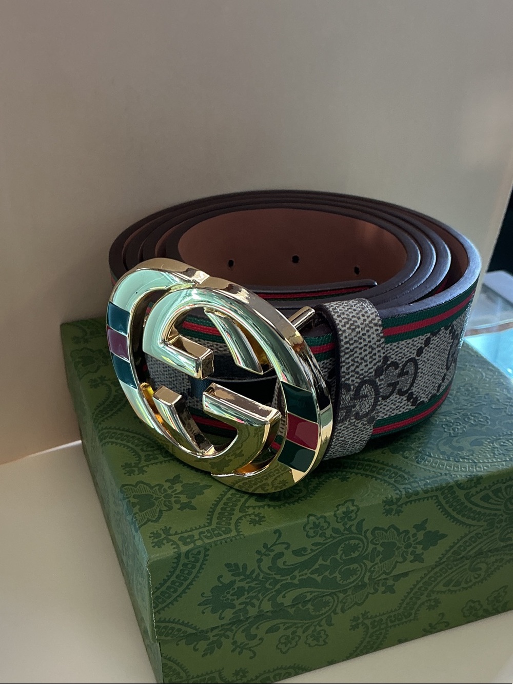 Gucci Beige GG Supreme Canvas Belt with Brown Leather and Gold Double G Buckle